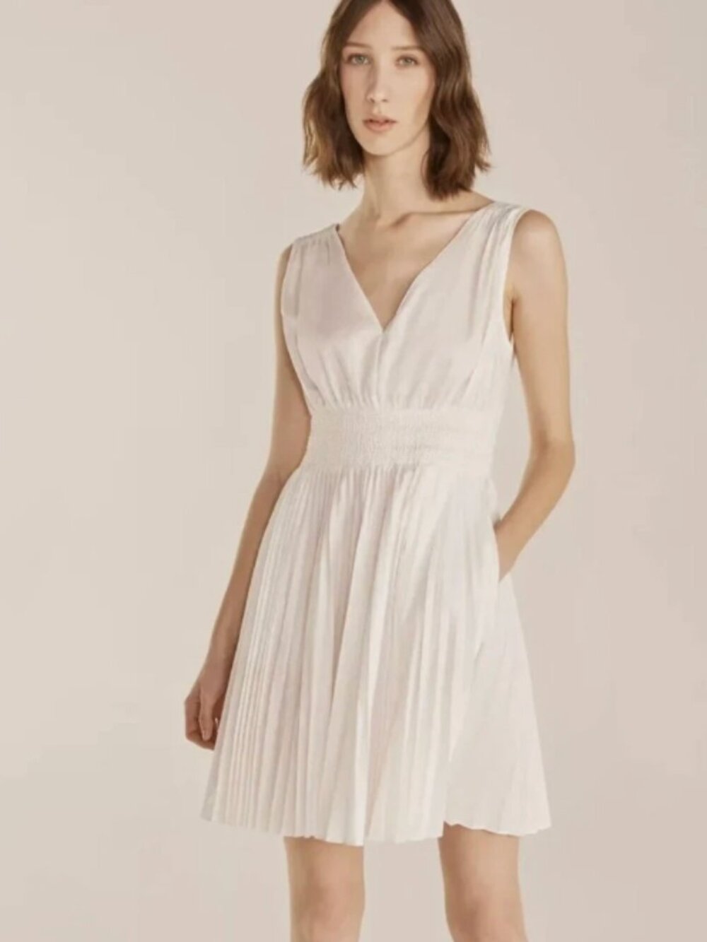 NWT Rebecca Taylor White Cotton Smocked Waist Pleated Midi Dress XS